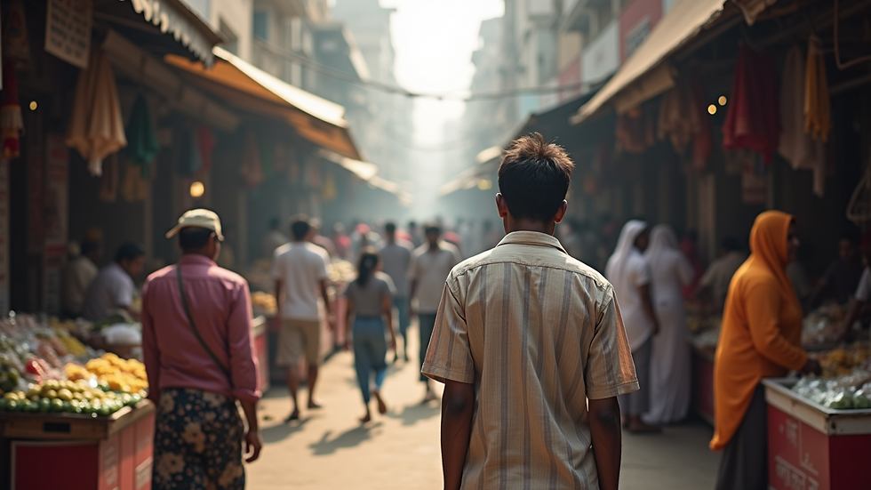 Wide-angle view of a busy marketplace in Delhi with diverse cultural elements
