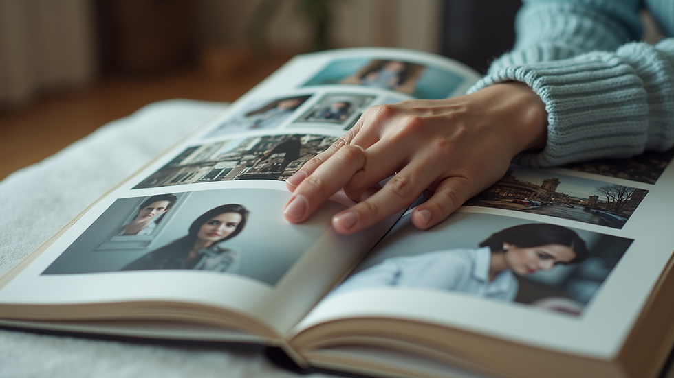 Eye-level view of a photo book spread with a mix of candid and posed photos