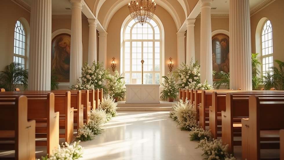 Wide angle view of a beautifully decorated wedding altar