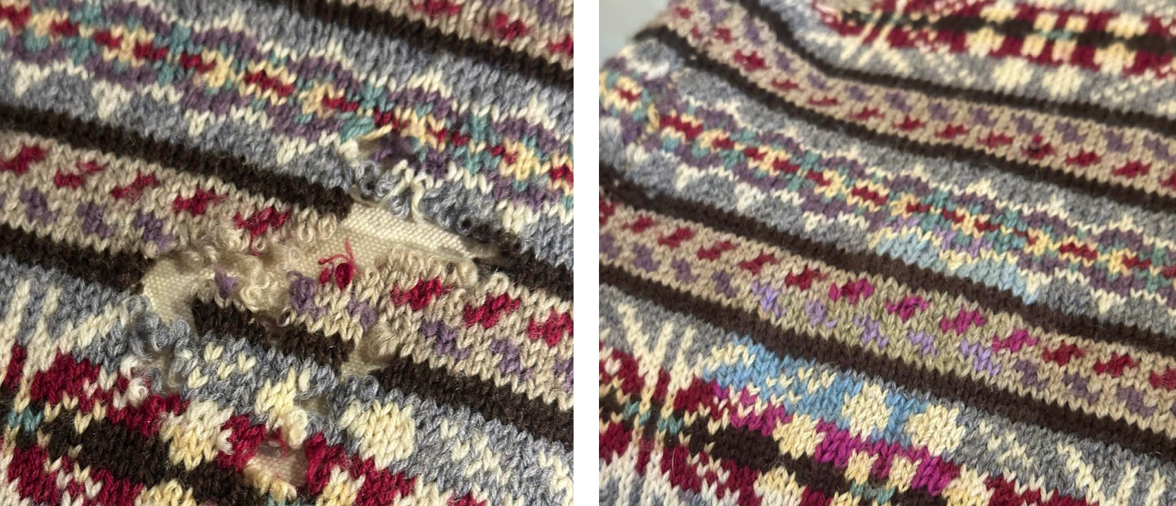 Before and after closeup of a knitted jumper with a large hole that was sewn to near invisible result