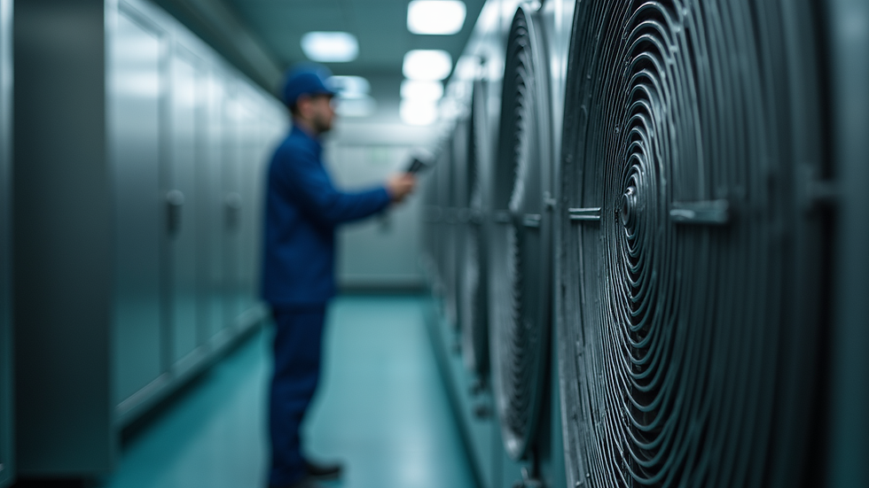 Close-up view of a technician inspecting cold room refrigeration coils