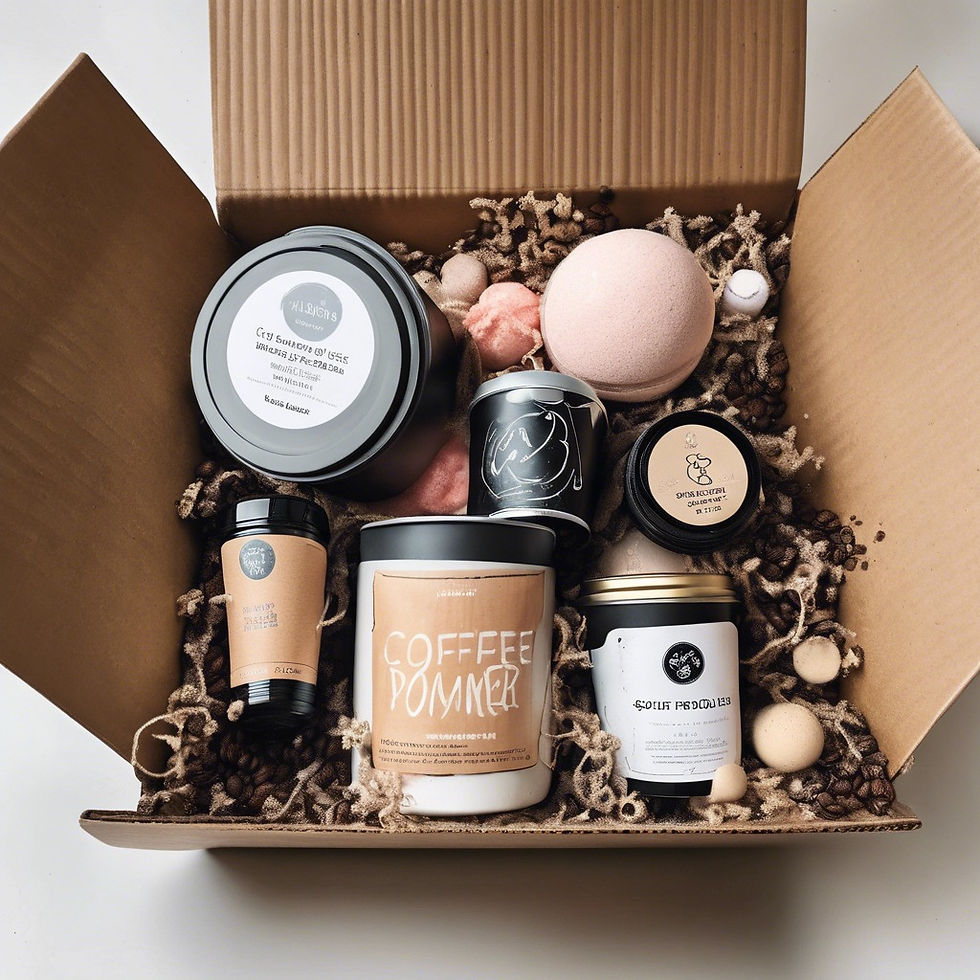 open box filled with coffee, tumblers, puzzles, gifts for friends, bath bombs, pamper