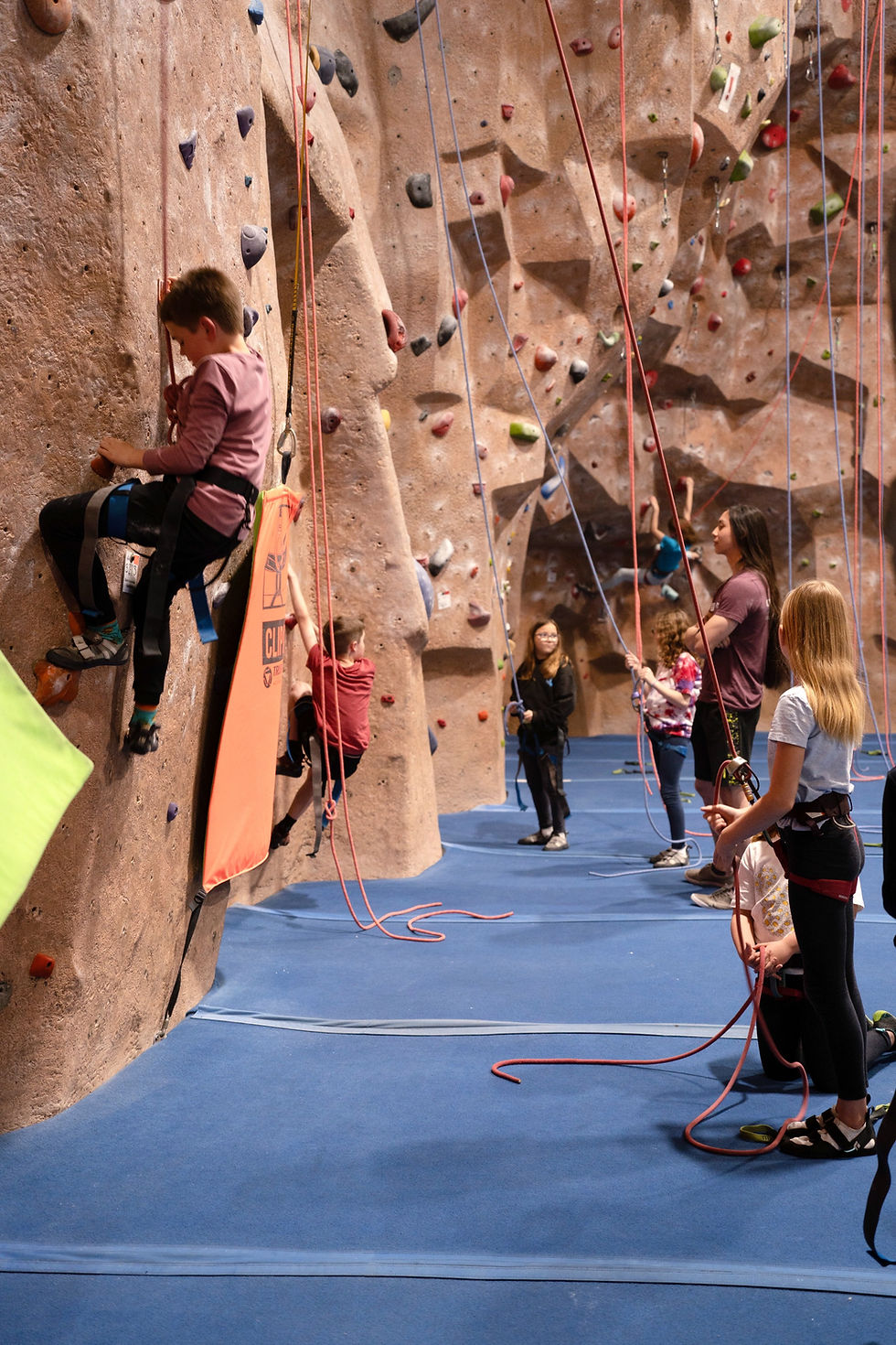 Group of kids climbing while being overseen by an instructor