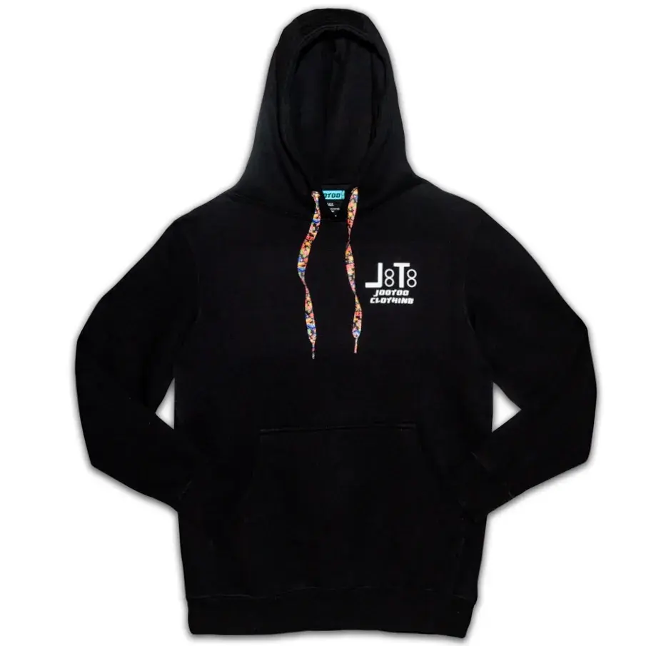 Black Pullover Hoodie with J&Tc logo and colorful strings. Black Floral Dragon Print.