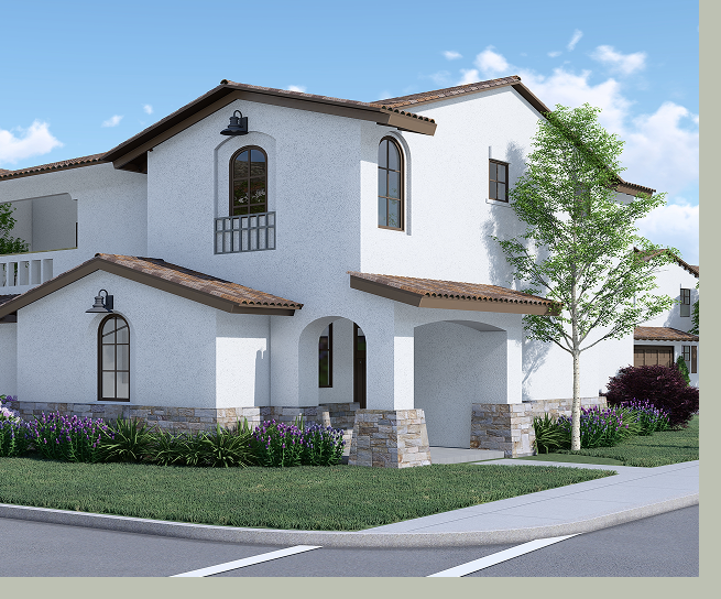 Spanish-style corner unit apartment with archways and landscaping
