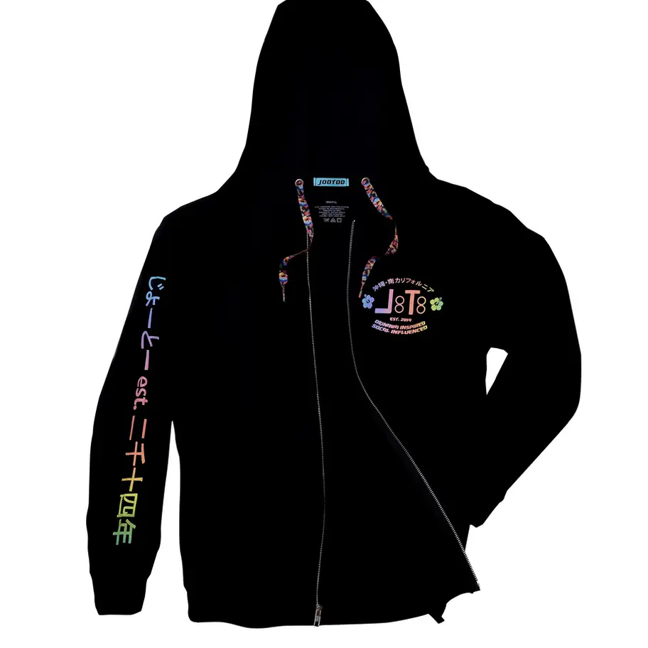 Black Zip Up Hoodie w/Pastel Hibiscus Logo with colorful text on sleeves and front.