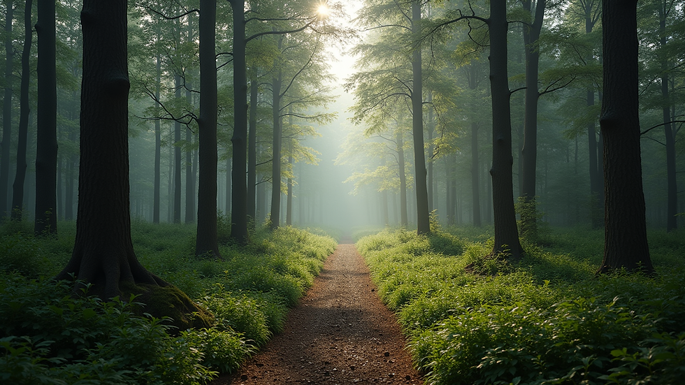 Wide angle view of a serene forest landscape