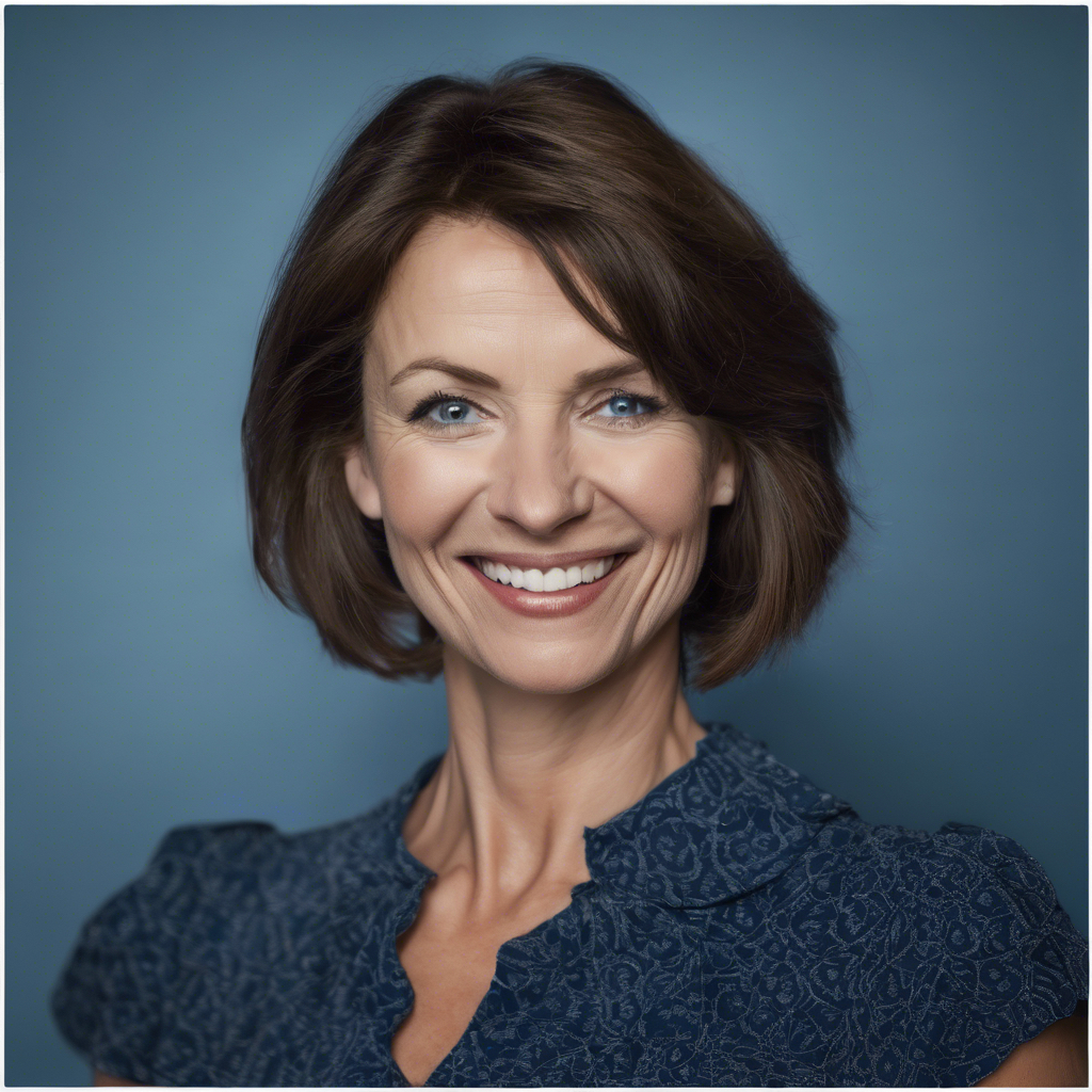 Woman, middle age, brown hair, dark blue eyes, portret, smile, blue dress with collar, dar