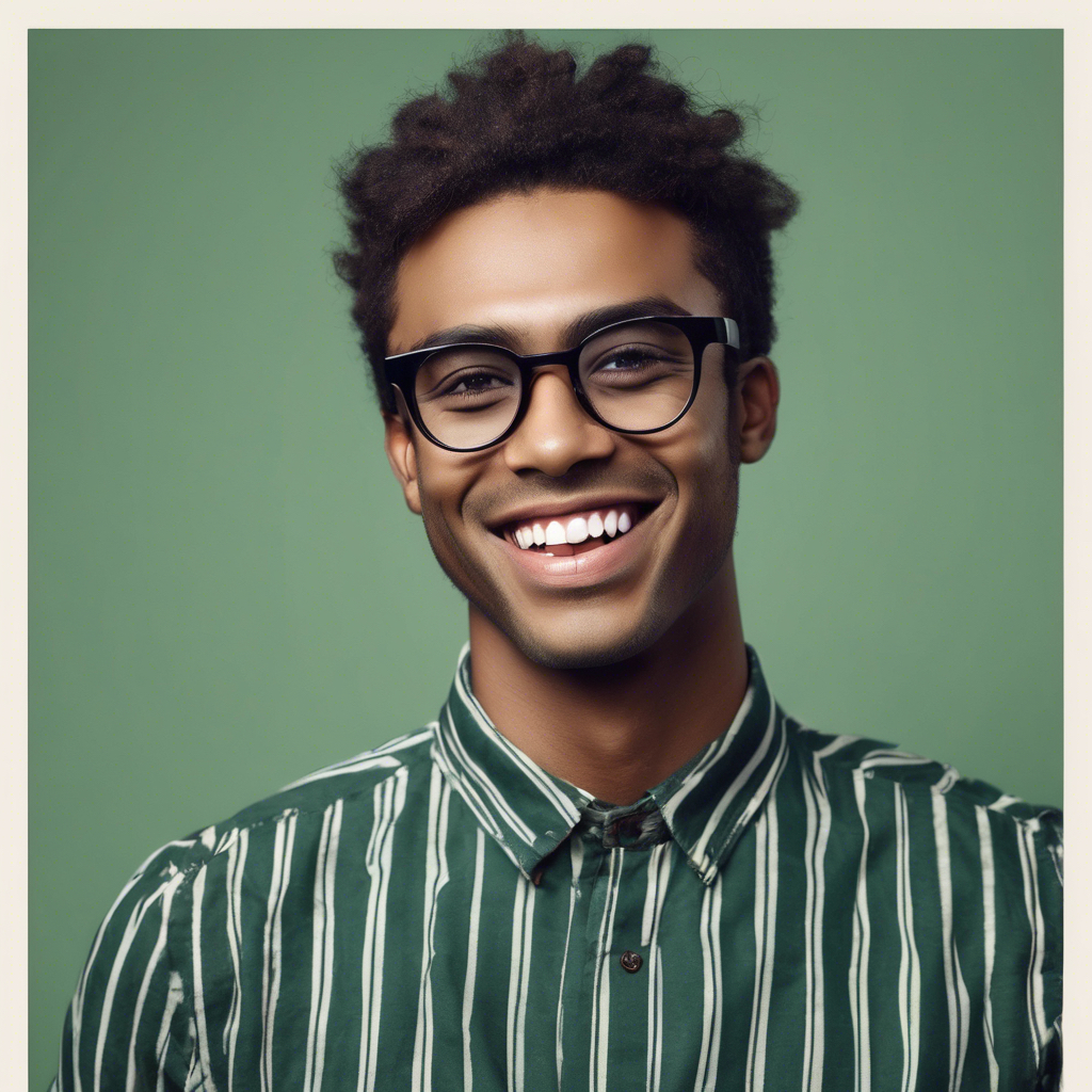 Young dark men, brown glasses, smile, dark green background, portret, blue striped blouse.jpg