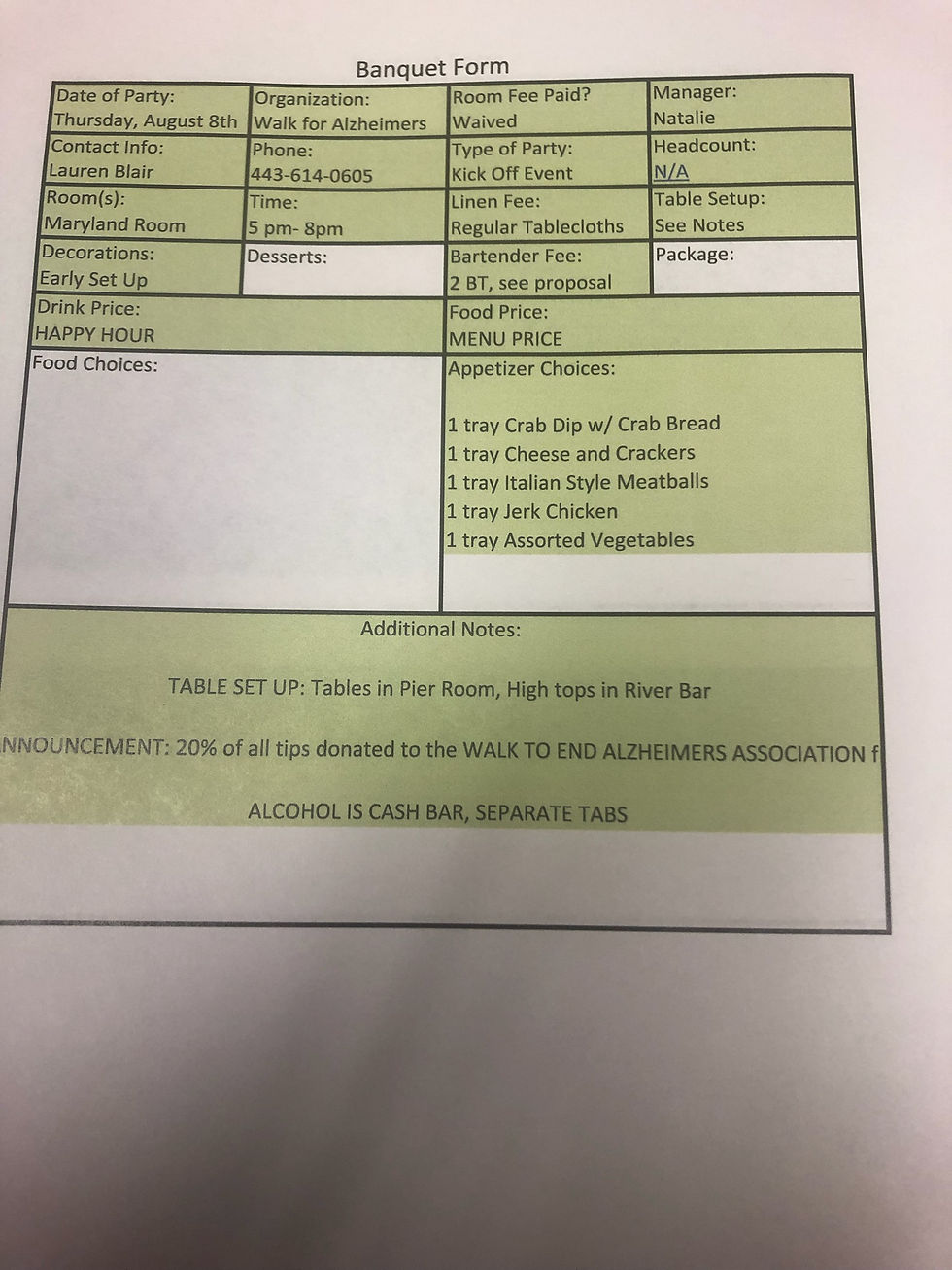 Walk for Alzheimers Banquet Form