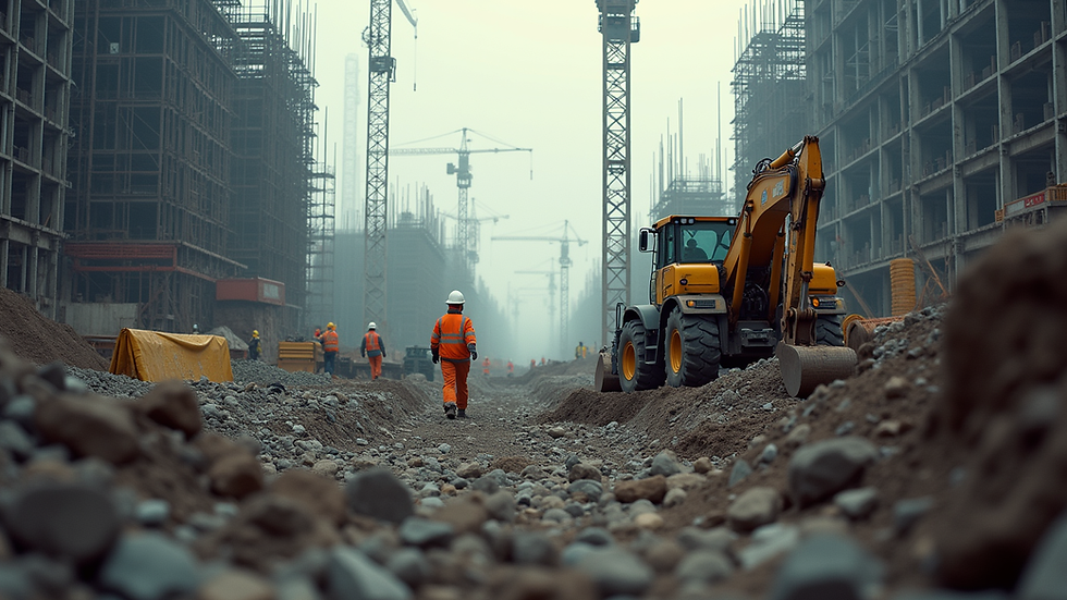 Eye-level view of a construction site with workers and machinery