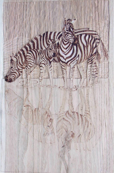 Zebra family drinking 10 x 16   on butternut.JPG