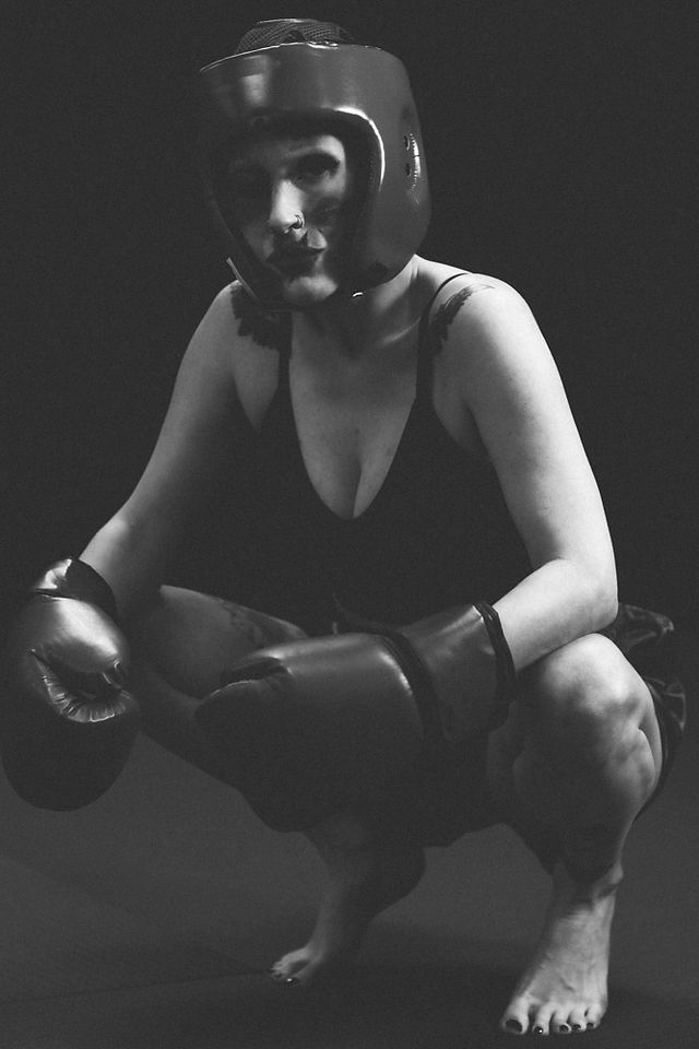 Avant garde sexy vulgar anti boudoir art portraits in boxing outfit