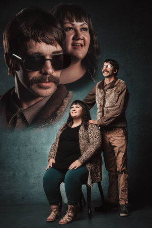 Colorful retro awkward 80s themed portraits in Portland floating head couple