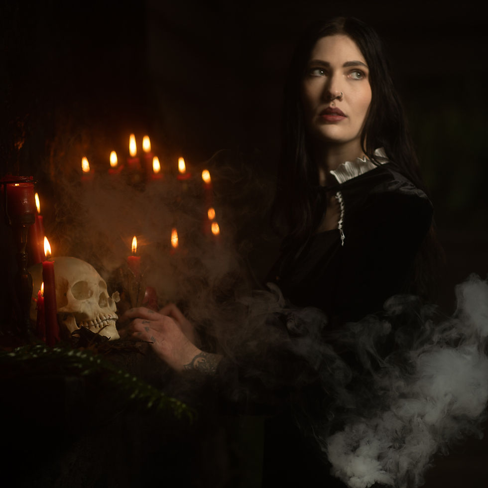 Candlelight and skull in a smoky room with gothic model