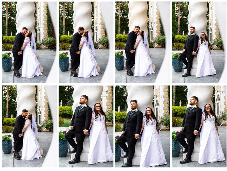 Layout of 8 similar poses of bride and groom on ivory spiral pillar