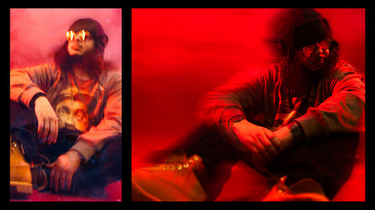 Two portraits of hip-hop artist Shawn North seated in glasses: one in pink haze and one lit vivid red in the studio.