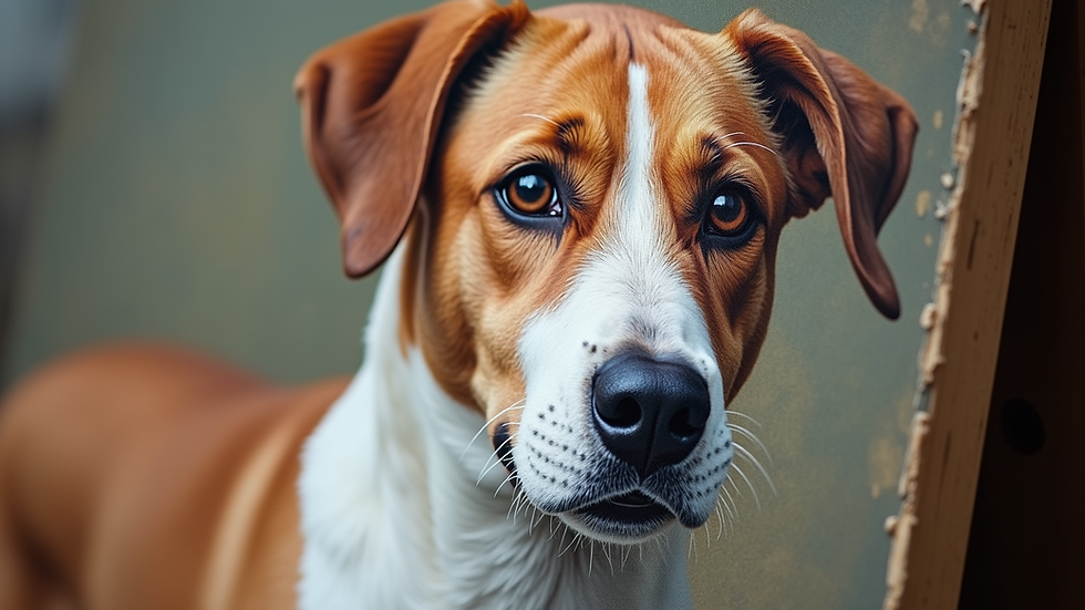 Close-up view of a hand-painted dog portrait on canvas