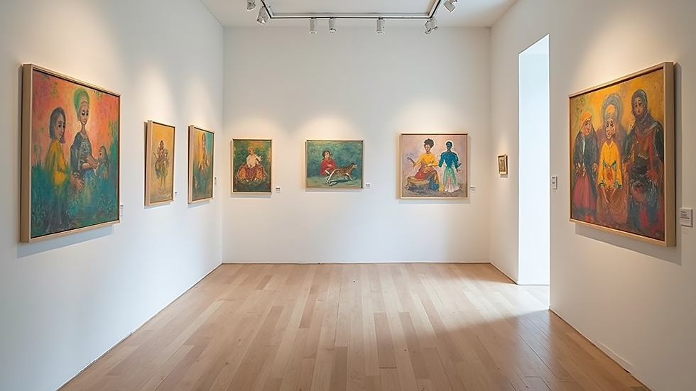High angle view of an art gallery wall displaying hand-painted artworks