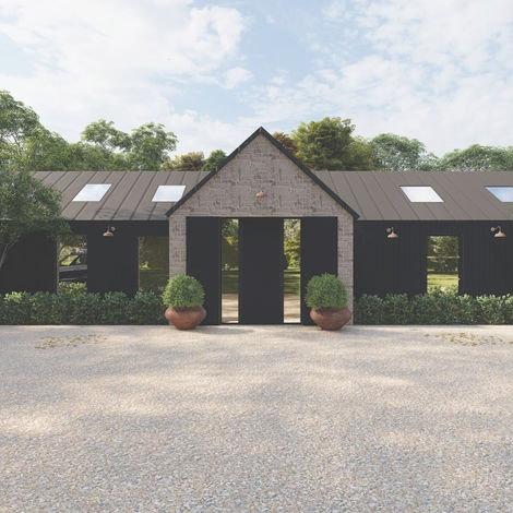 3D image of New build 4 bedroom home. 
Stone porch with Black Cladding and gravel Drive. 