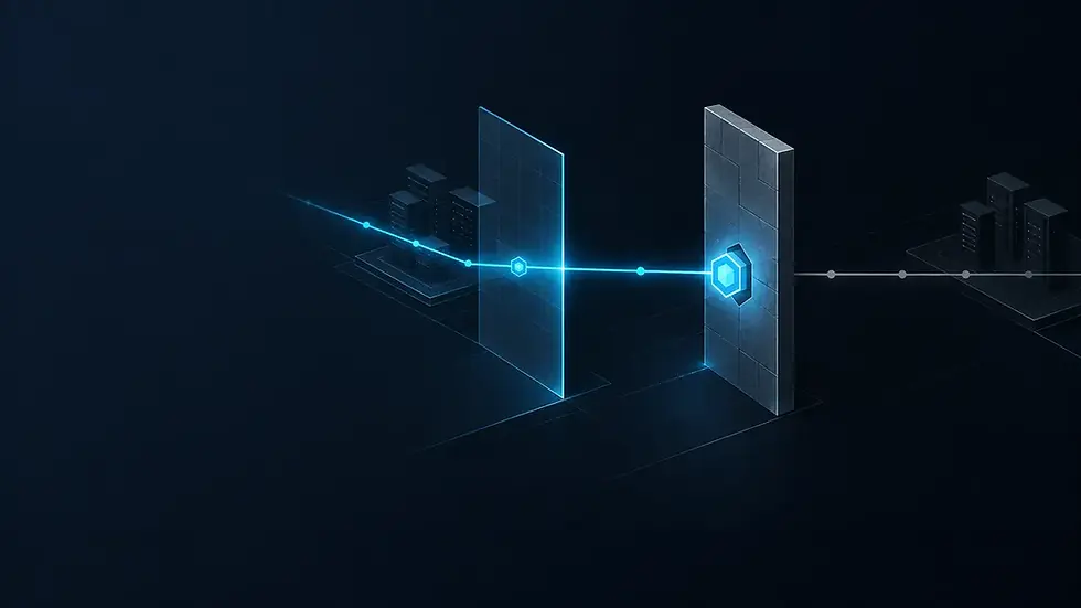 Isometric illustration of a signalling path crossing two network gateways. A glowing hexagonal certificate seal passes through the first, translucent gateway and is stopped at the second, solid one, leaving the onward path unlit and unsigned.