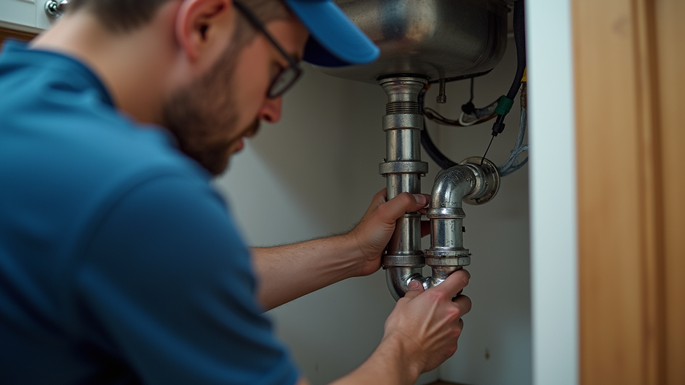 Eye-level view of a plumber fixing a leaking pipe under a kitchen sink
