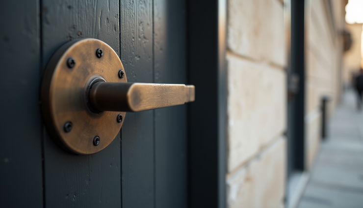 Vista laterale di una porta blindata aperta con serratura sostituita da un fabbro a Cagliari