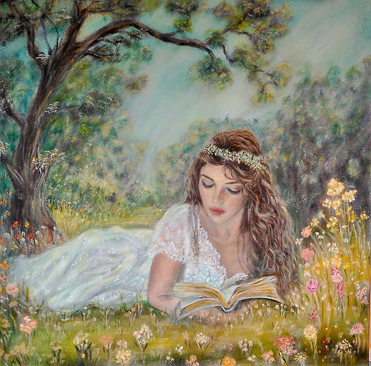Woman lying beneath a tree reading a book, calm outdoor setting, figurative painting