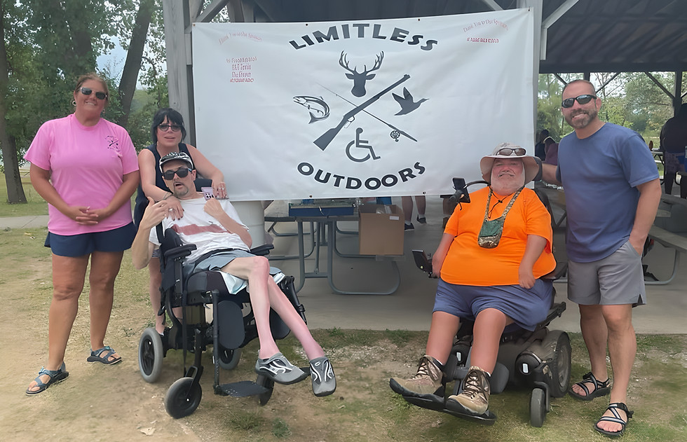 Adaptive outdoor shooting activity with people of all abilities, including wheelchair users, participating together safely.