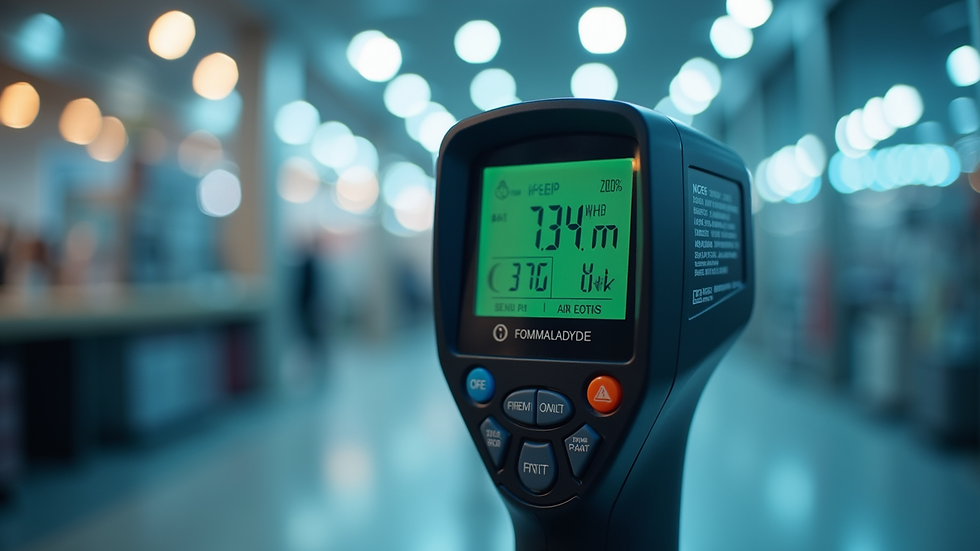 Close-up view of professional air quality testing device measuring formaldehyde levels
