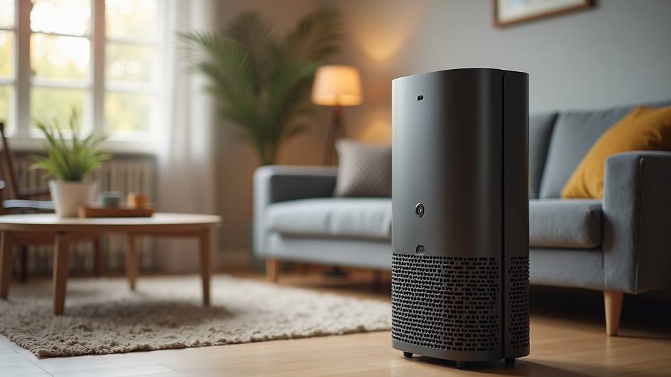 Close-up view of an air purifier operating in a living room