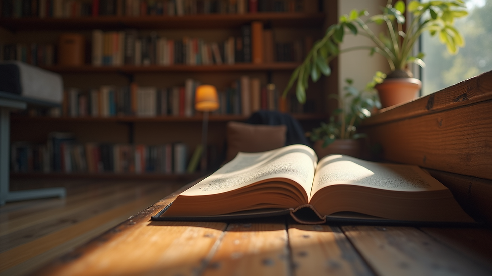 Eye-level view of a cozy reading nook with a stack of books