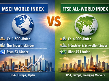Vergleich zwischen MSCI World und FTSE All World Index zur Darstellung von globaler Streuung und Unterschieden