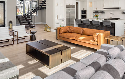 Living room space in modern, open concept home