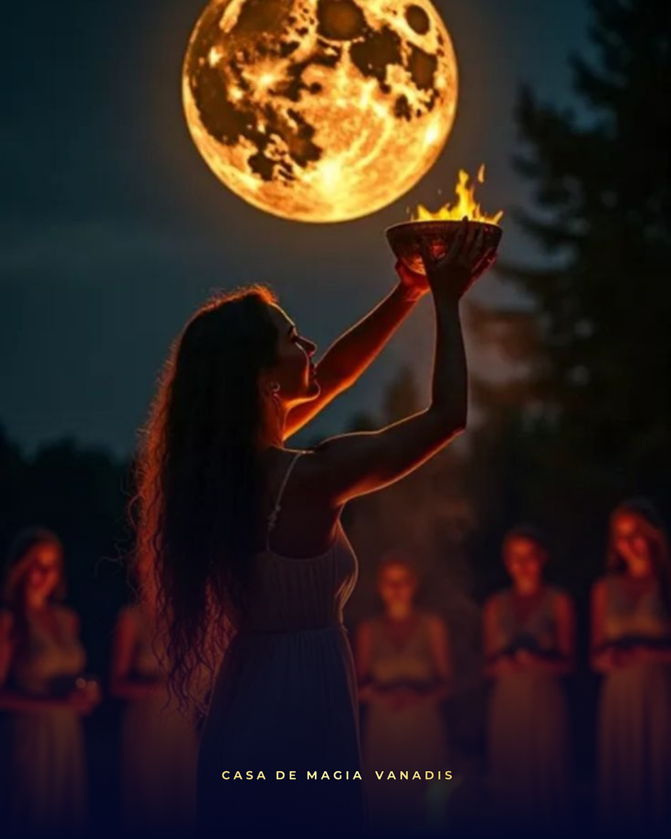Mulher realizando ritual de magia religiosa sob a lua cheia, oferecendo chama em um recipiente enquanto outras praticantes observam, representando práticas espirituais e tradições mágicas da Magia Universal na Casa de Magia Vanadis.