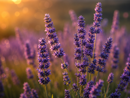 Campo de lavanda roxa ao pôr do sol com iluminação dourada e fundo desfocado. A imagem transmite calma, espiritualidade, relaxamento e harmonização energética, representando as propriedades espirituais da lavanda na magia natural e na Alta Magia.