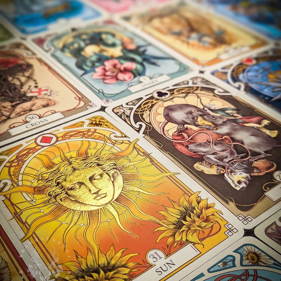Cartas de Lenormand detalhadas com ilustrações vibrantes, incluindo um sol dourado e ratos.