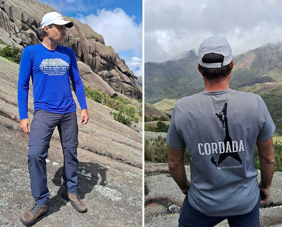 Camiseta de poliamida Pico das Agulhas Negras e de dry fit Cordada Montanhismo.