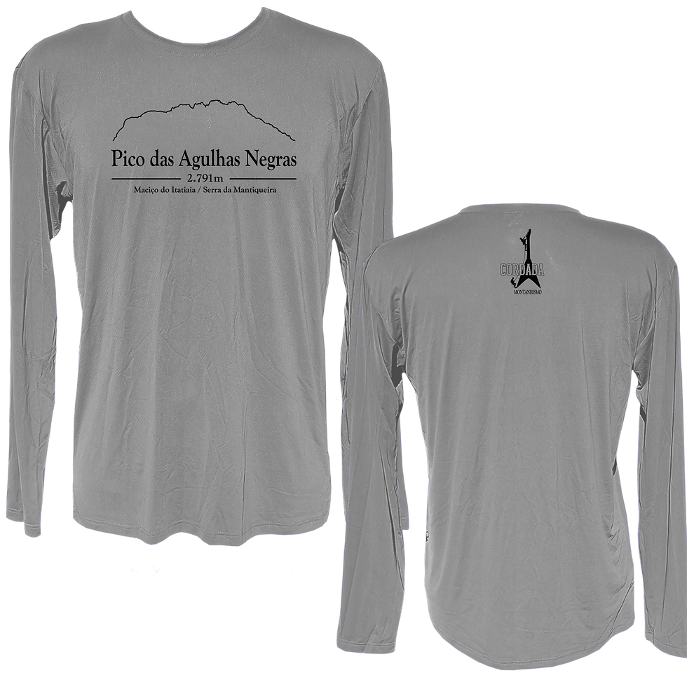 Camiseta Agulhas Negras manga longa em poliamida leve e respirável, ideal para trilhas e escaladas.
