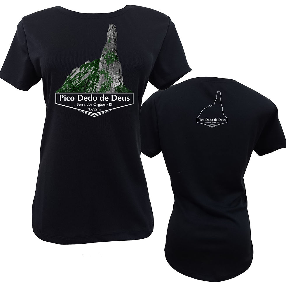 Miniatura: Estampa Pico Dedo de Deus baby look de montanhismo, representando seu estilo de vida nas trilhas e atividades outdoor.