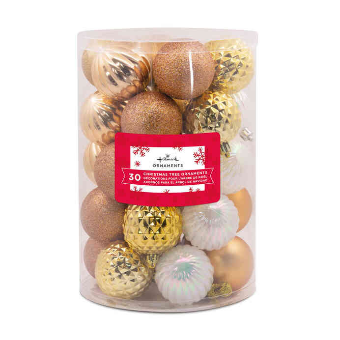 Hallmark 30-Piece Champagne, Gold, White Shatterproof Christmas Ornaments Set