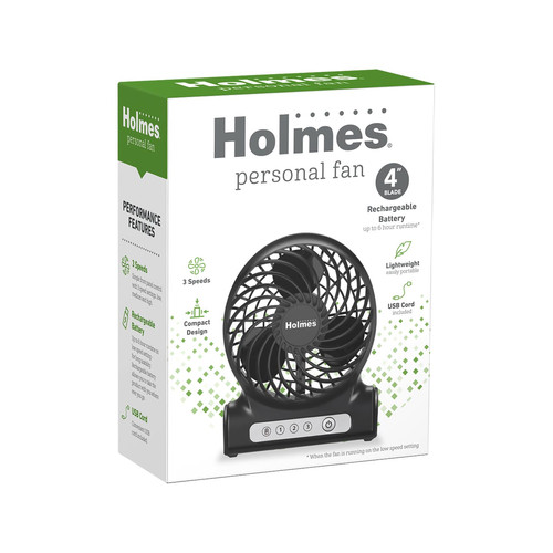 Holmes 4" Personal USB Rechargeable Battery Operated Fan Black Pack