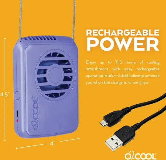 Ventilador de collar recargable O2COOL USB de 3 velocidades con cordón ajustable - Púrpura