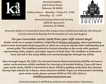 Flyer: Howard County Historical Society Senior Cords preview exhibit at Artworks Gallery, Kokomo, July–Aug 2025.