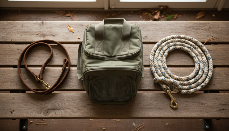 Overhead view of a dog leash, cat carrier, and horse lead rope resting together on a wooden bench.