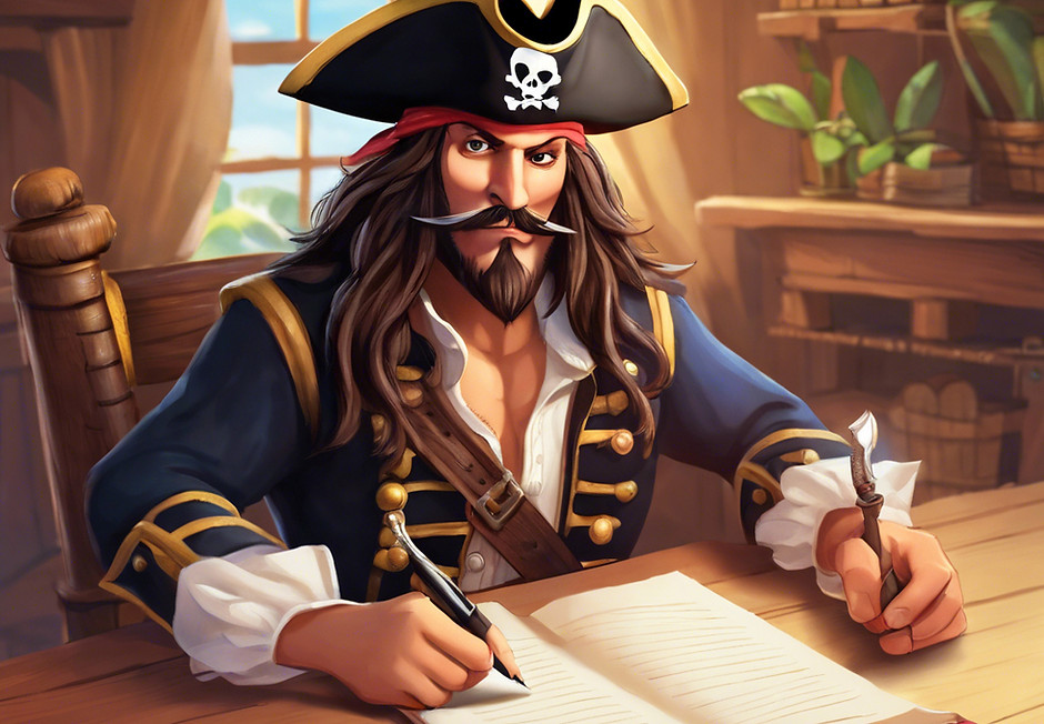 pirate at table writing a review.jpg