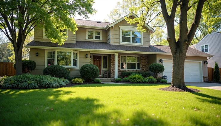 Eye-level view of a well-maintained suburban home exterior with fresh landscaping in Metro Detroit