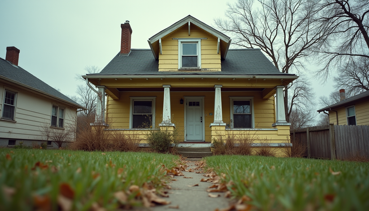 Eye-level view of a suburban house with faded paint and overgrown lawn