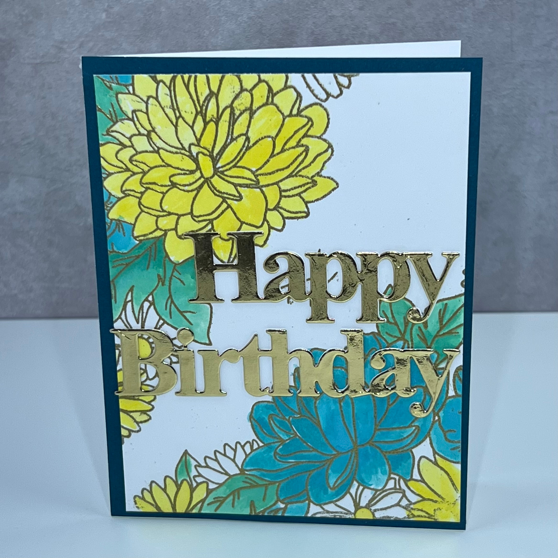 Teal and Gold Dahlia Birthday Card A2 size