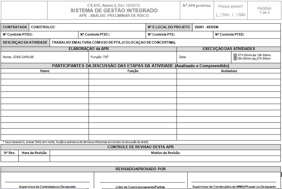 Miniatura: Modelo APR para Trabalho em Altura com PTA – Baixar Download